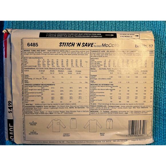 McCalls 6485 Sewing pattern tunic long sleeve pencil skirt size Xs S M - Picture 3 of 6